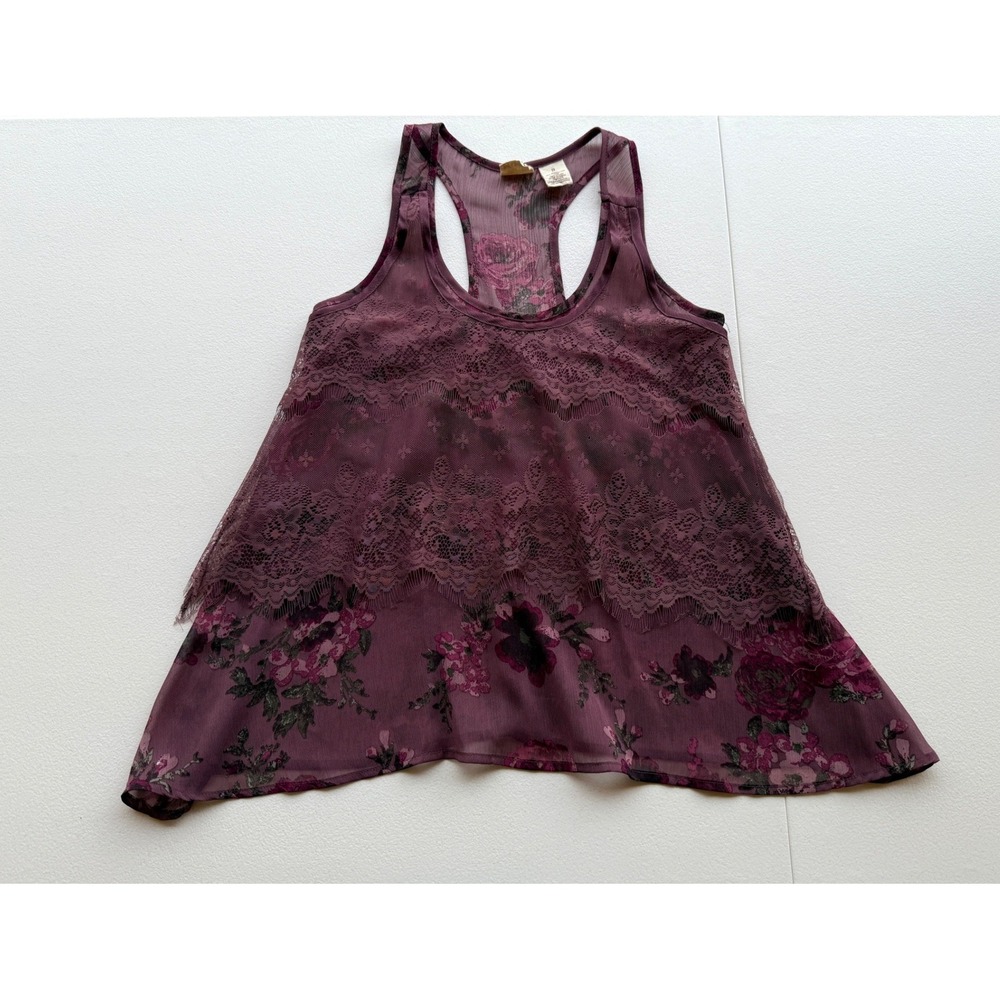 Mudd Tank Top Womens Sheer Layered Size S Purple Floral Fairy Festival Boho Y2K - Picture 16 of 16